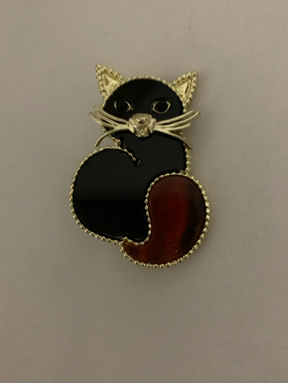 Gold-Tone Black and Brown Cat Enamel Brooch